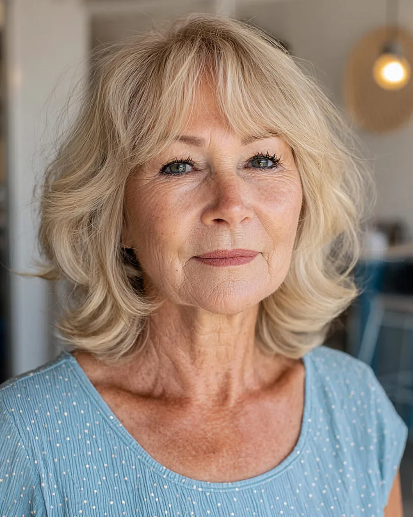 Textured shaggy layered lob with bangs and soft waves for women over 70