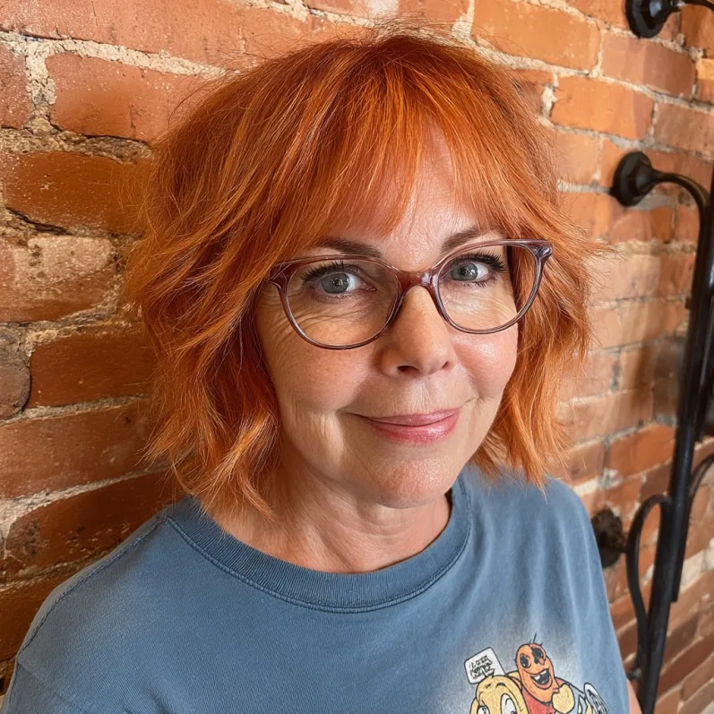 Textured Shoulder-Length Cut with Fiery Copper Highlights