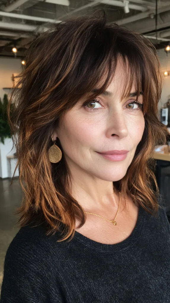 Textured Shoulder-Length Shag with Warm Copper Balayage