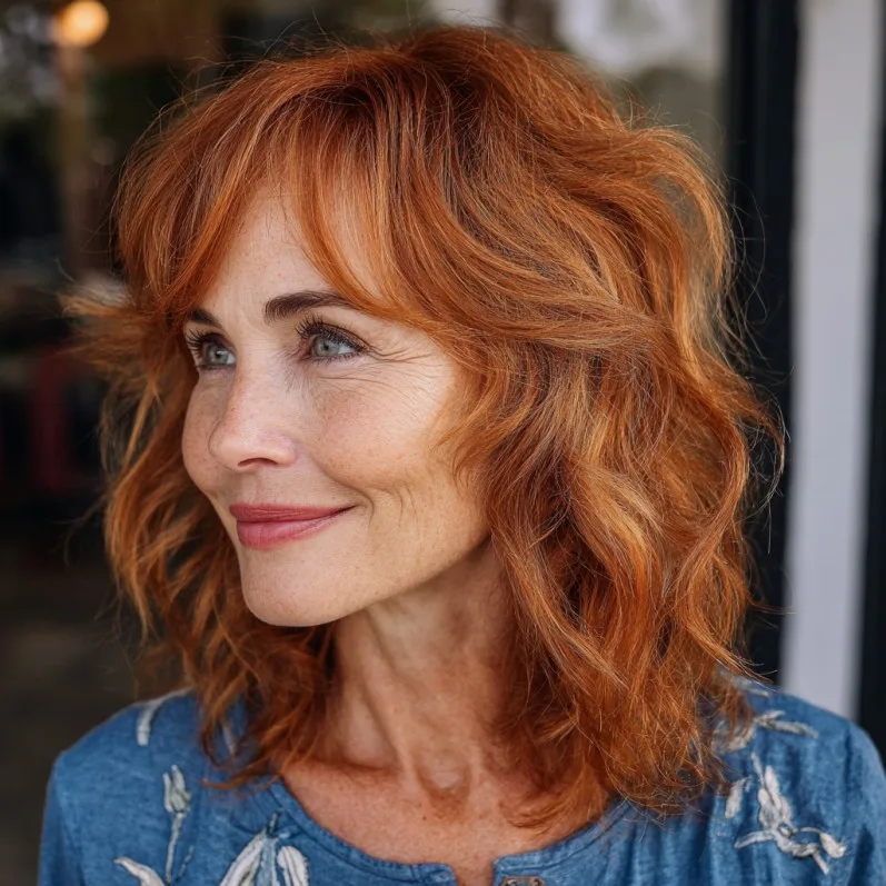 Textured Shoulder-Length Waves with Fiery Copper Tones