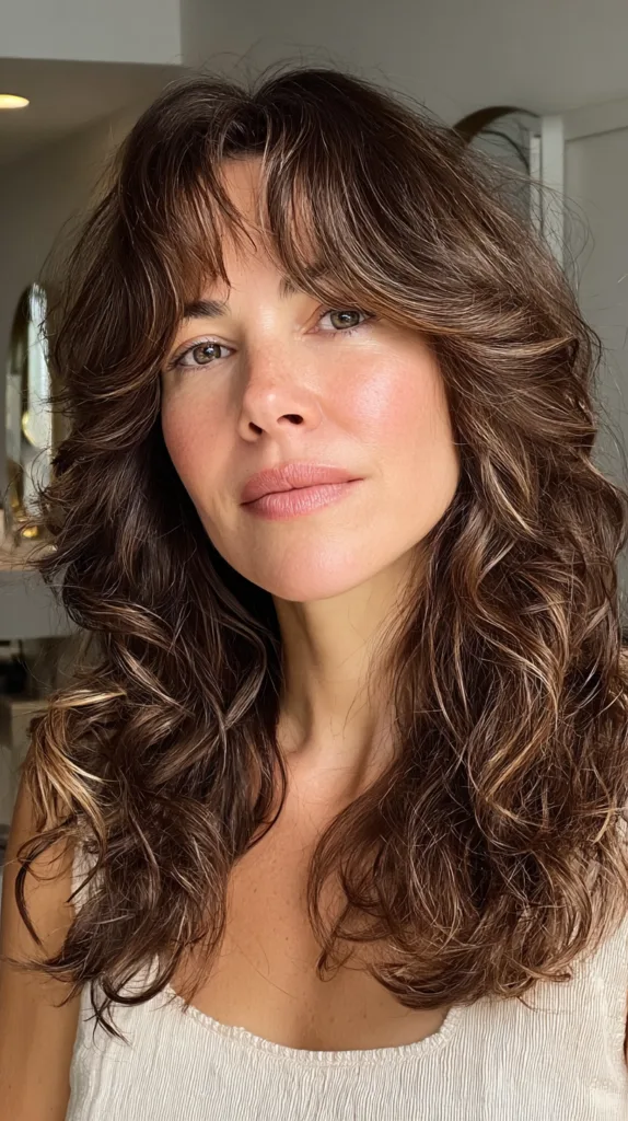 Textured Shoulder-Length Waves with Soft Curtain Bangs