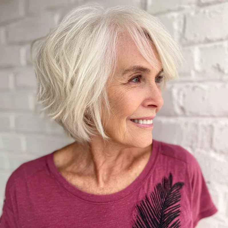 Textured Silver A-Line Bob with Feathered Layers