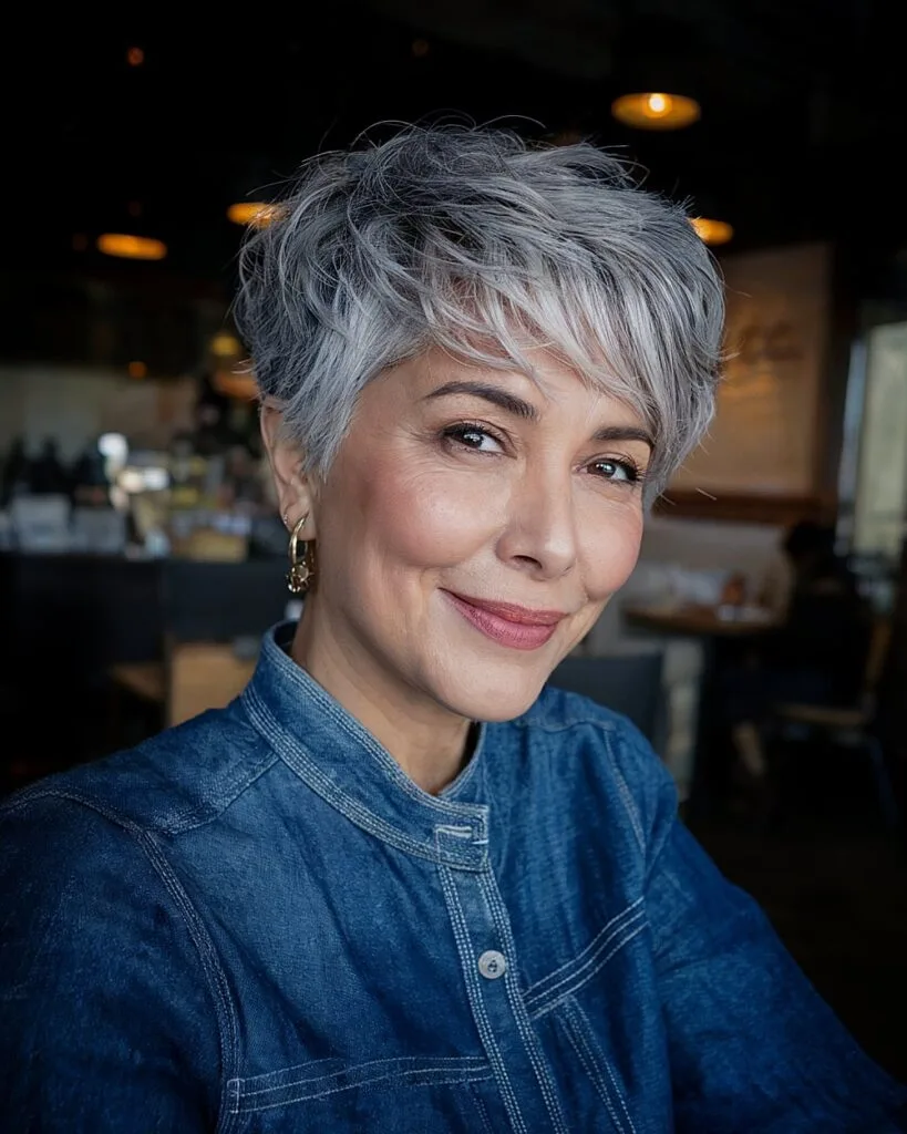 Textured silver pixie cut with tapered bangs for older women with thick hair