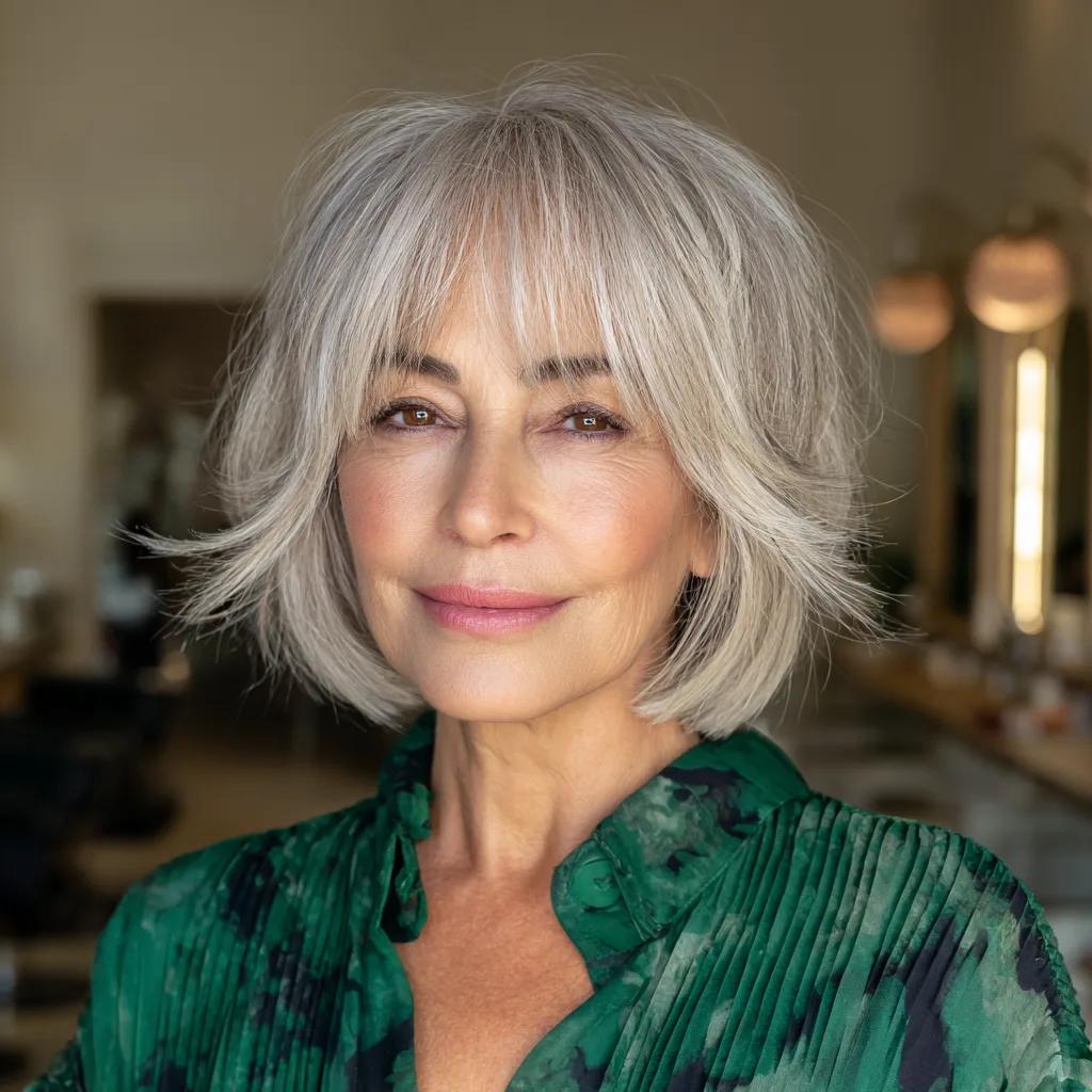Textured Silver Shaggy Bob with Soft Bangs