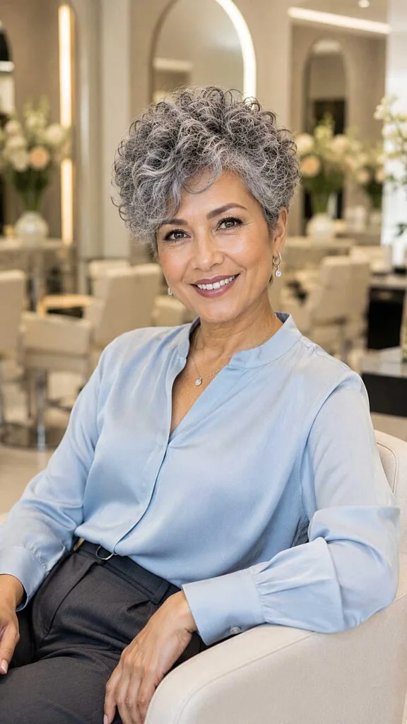 Tight Curly Gray Pixie with Defined Ringlets