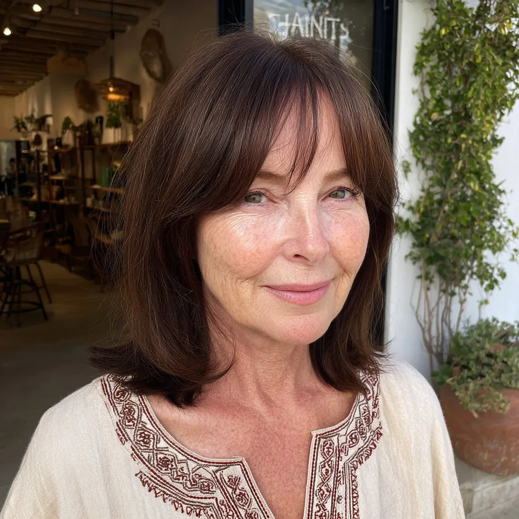 Timeless Rich Brown Lob with Soft Curtain Bangs