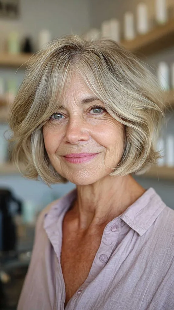 Tousled chin-length bob with curtain bangs in warm blonde
