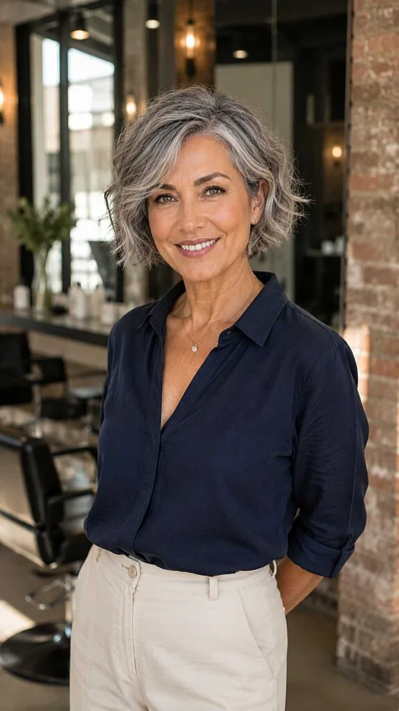 Tousled Chin-Length Gray Bob with Loose Waves