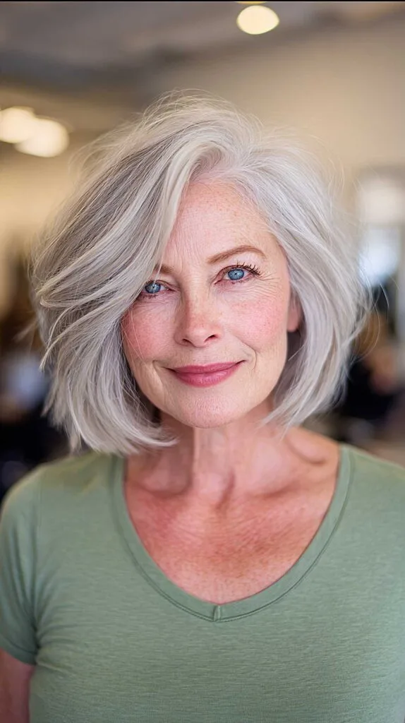 Tousled silver chin-length bob with natural volume