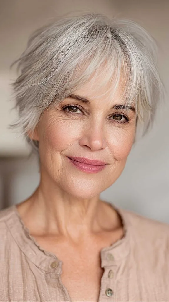 Tousled silver pixie with choppy textured fringe