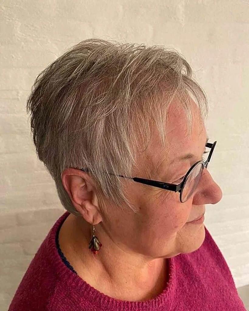 Trendy Super Short Hair with Delicate Piece-y Layers on Senior Ladies Over Fifty with Glasses