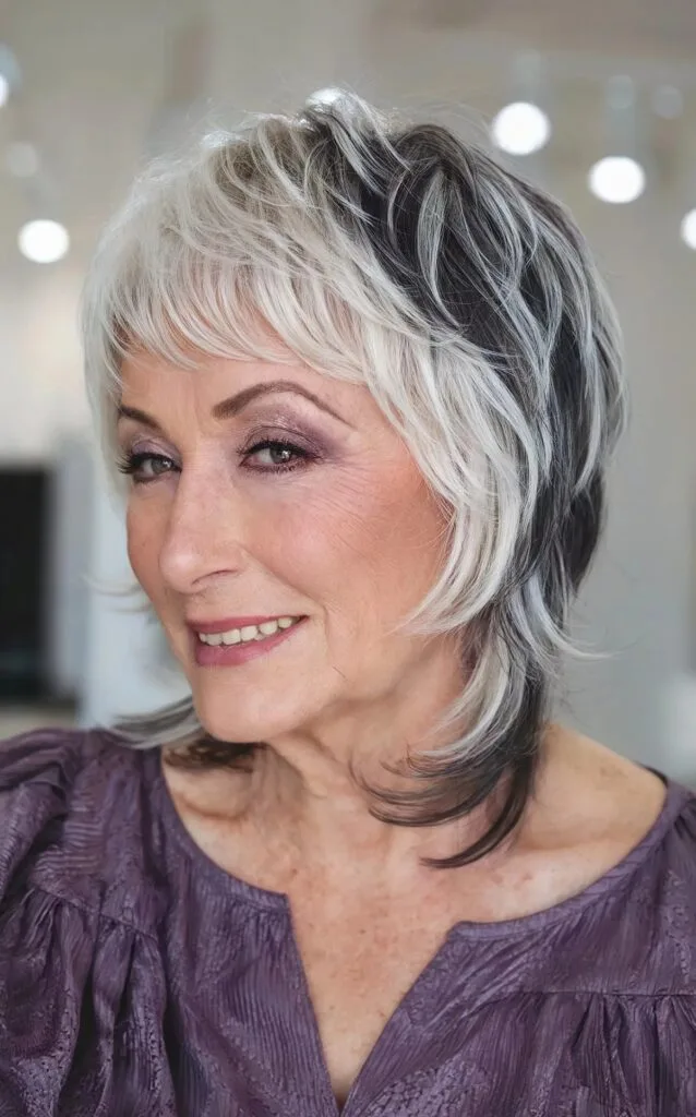 Two-Toned Razor Cut on Shaggy Medium-Length Hair for 70-Year-Olds