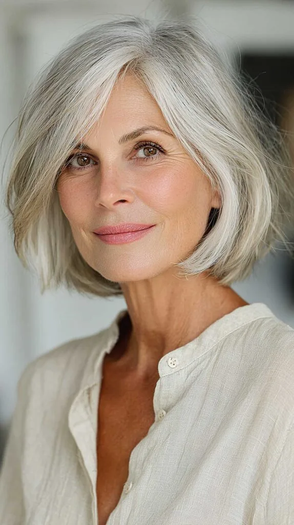 Undone silver chin-length bob with soft movement