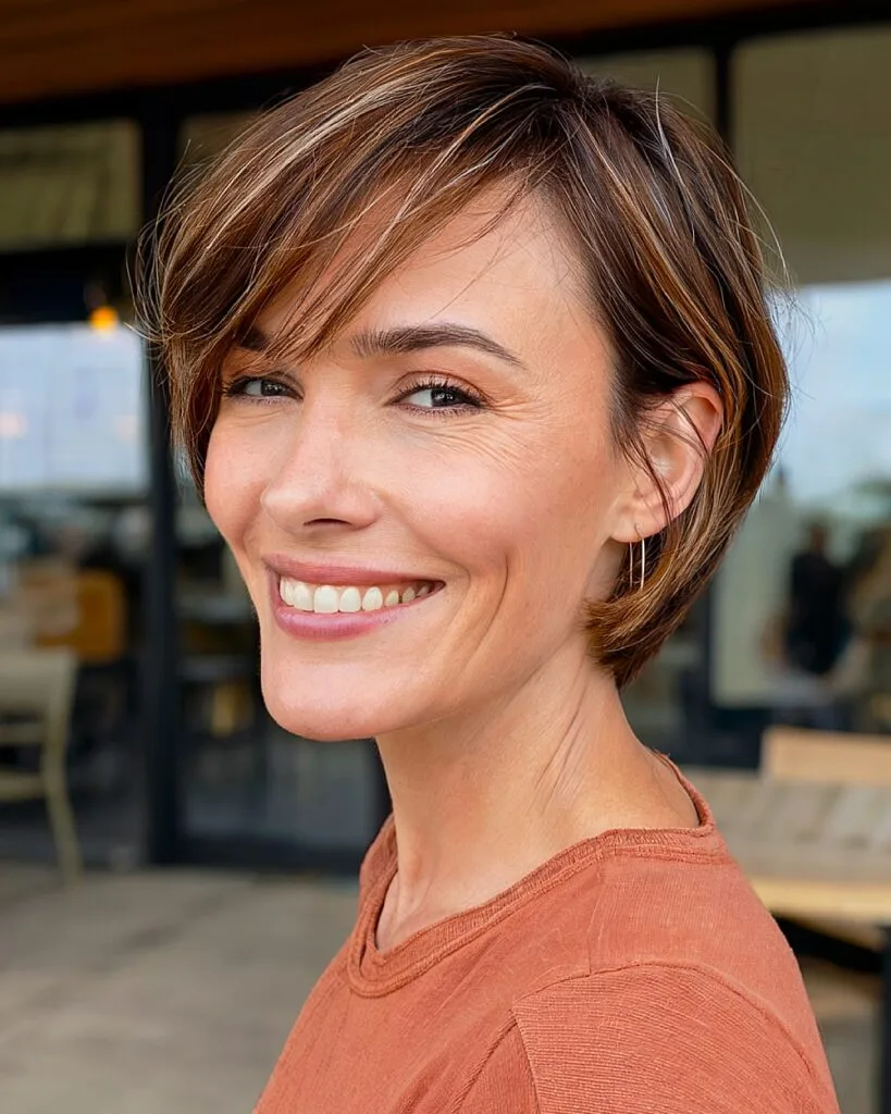 Very short bob with side-swept bangs for women over 40 with straight, fine-to-medium hair