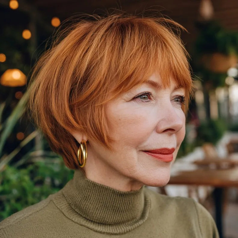 Vibrant Copper Bob with Playful Bangs for Mature Women
