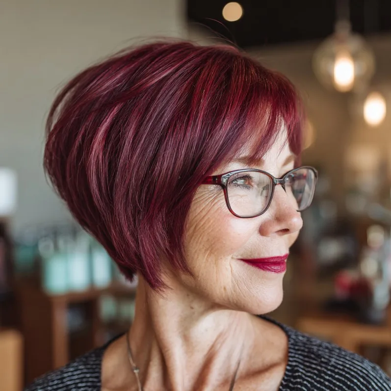 Vibrant Stacked Bob with Rich Burgundy Highlights