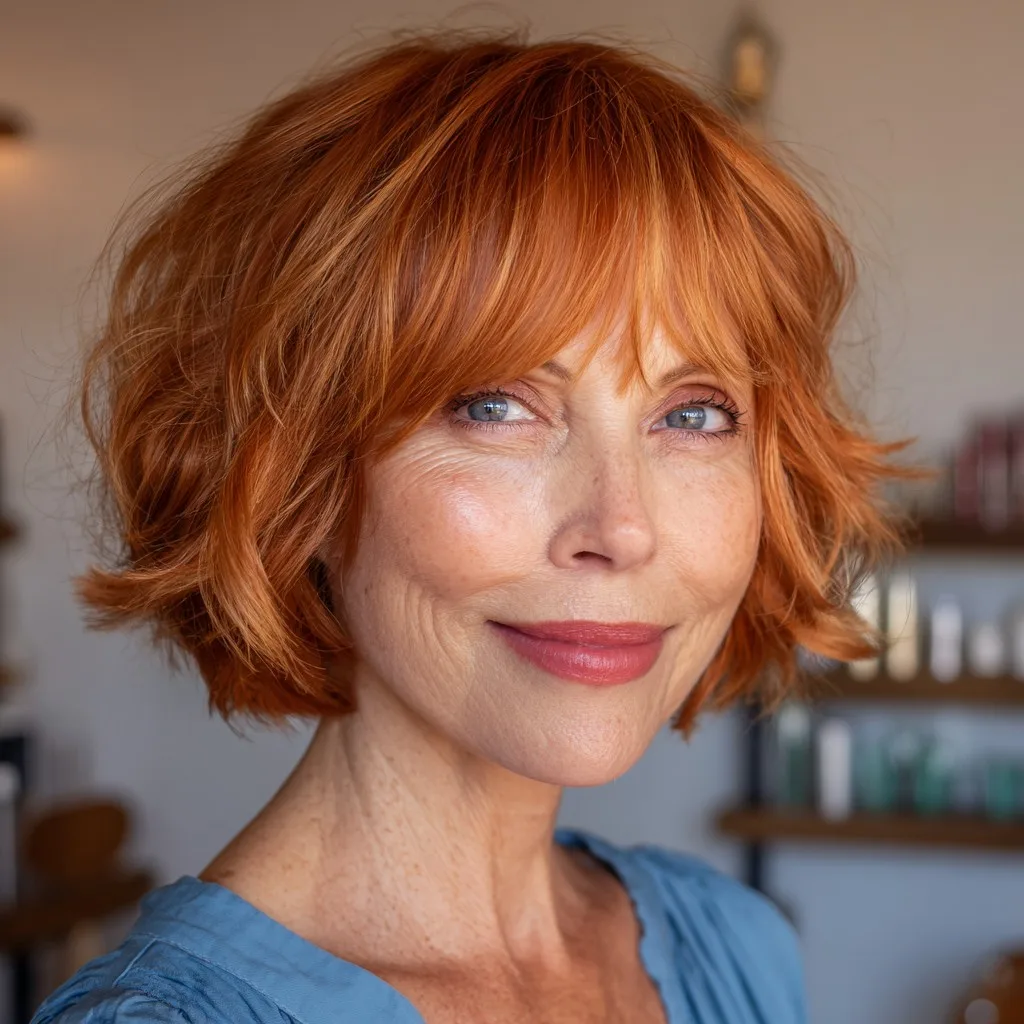 Vibrant Textured Copper Bob with Soft Bangs