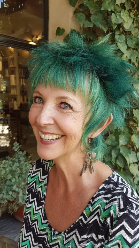 Vivid Teal Spiky Short Cut with Ear-Length Face Frames