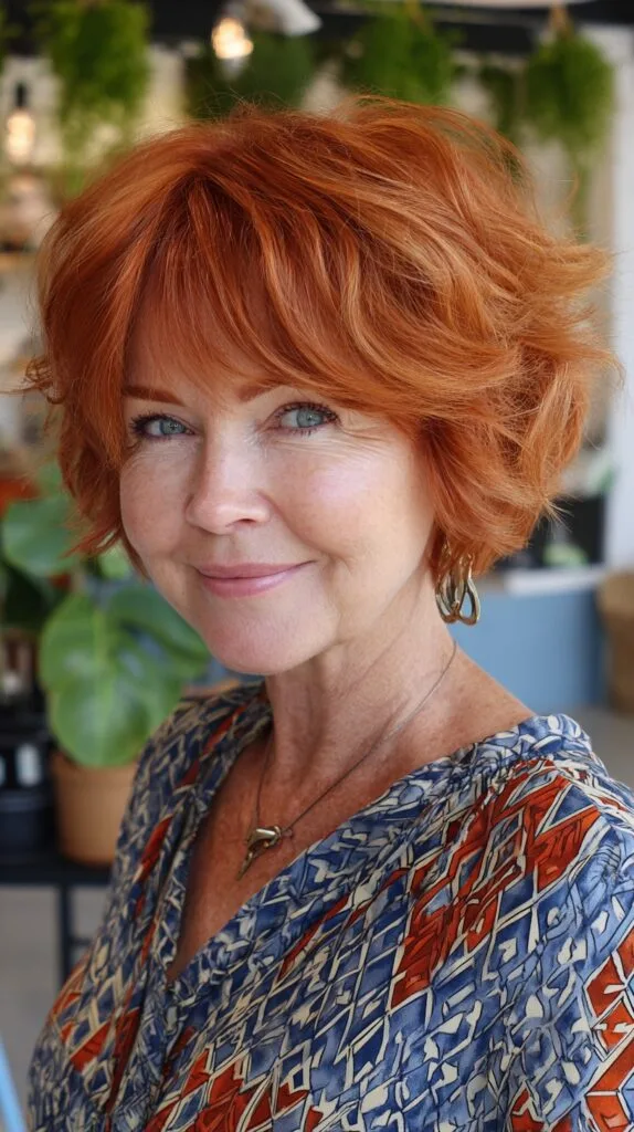 Voluminous Copper Layered Chin-Length Bob with Feathered Fringe