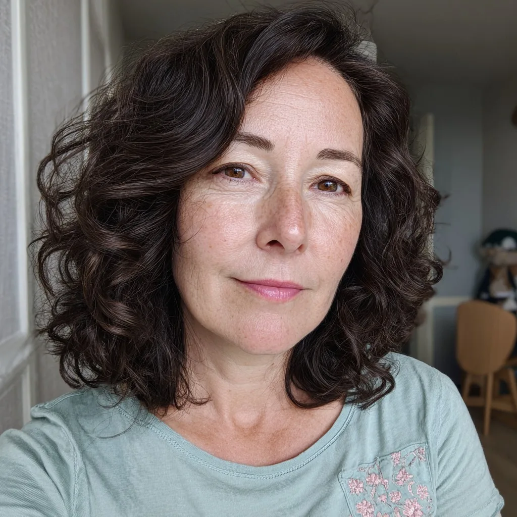 Voluminous Dark Brown Curly Bob with Soft Layers