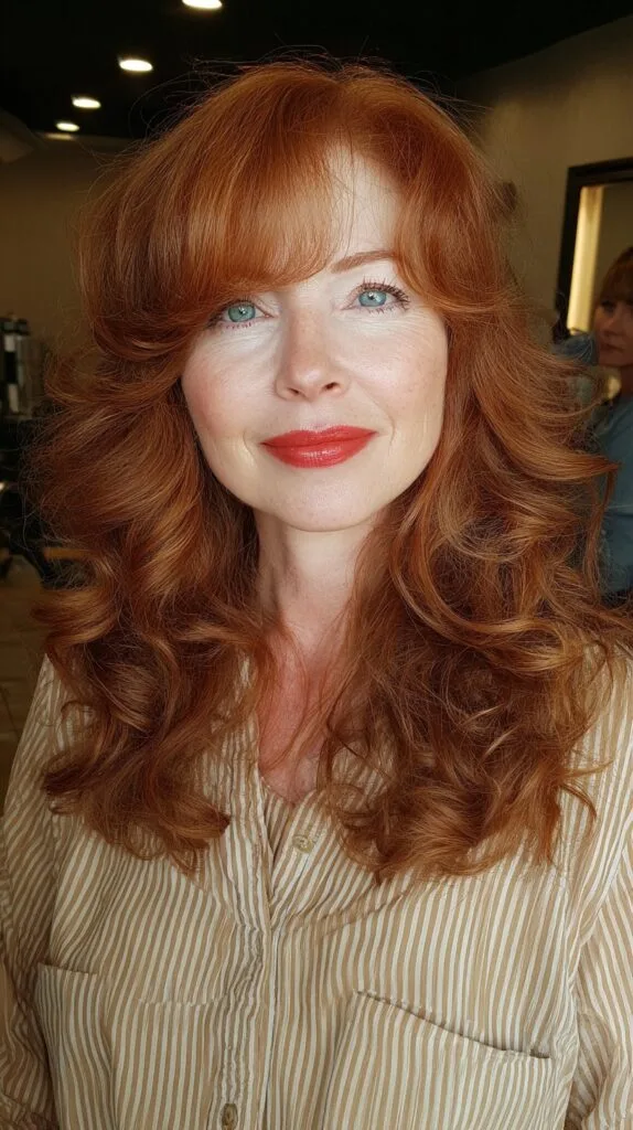 Voluminous Layered Curls with Soft Bangs