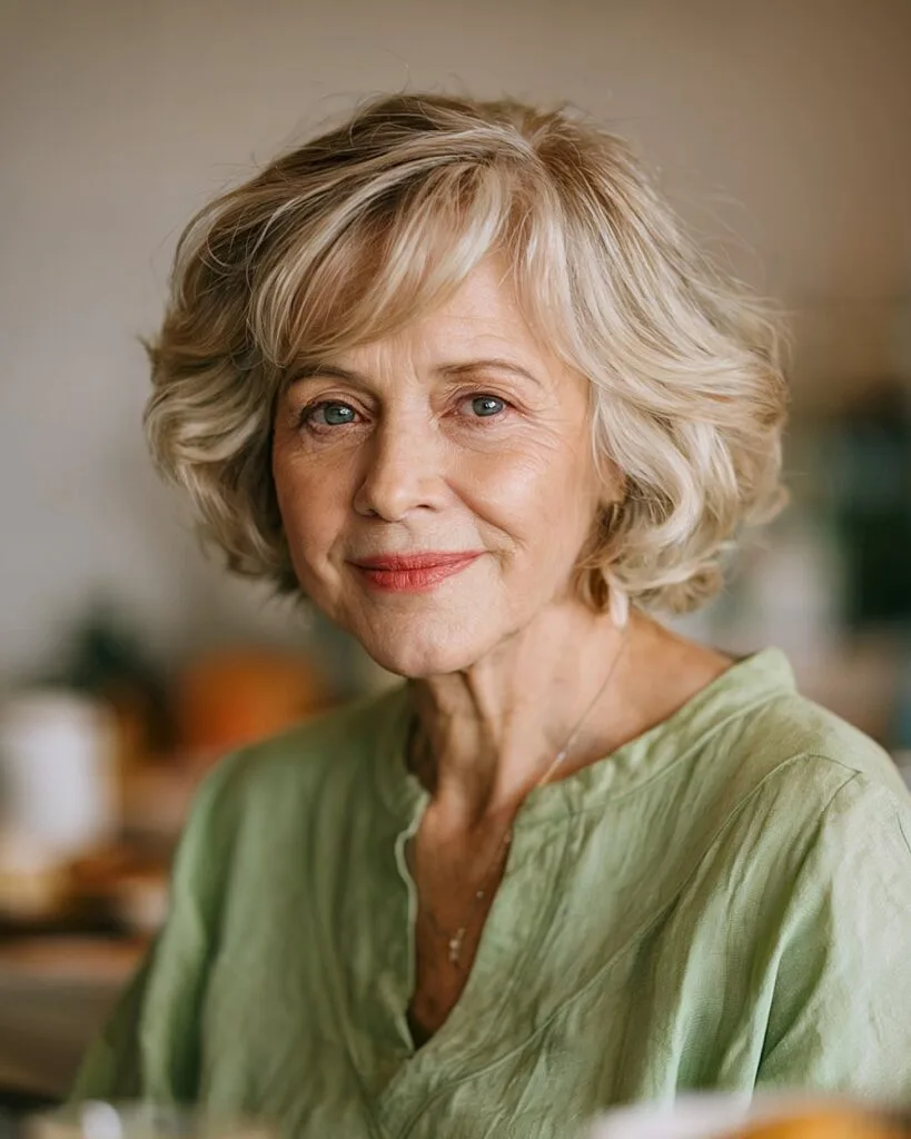 Voluminous soft bob for women over 60 with fine light blonde hair and tousled layers for added bounce