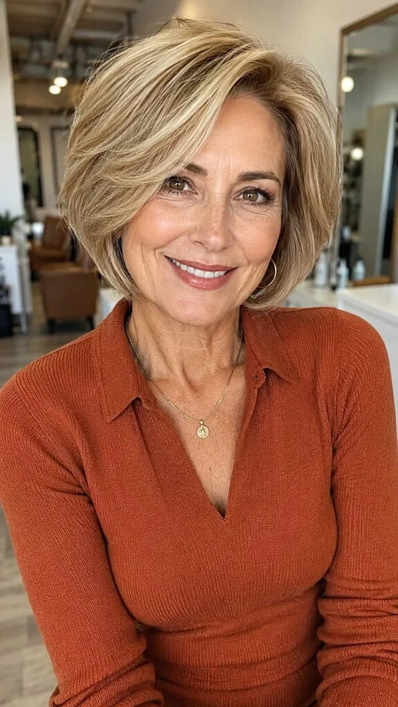 Voluminous swept-back bob with honey blonde highlights