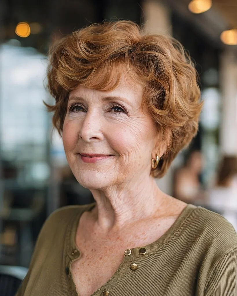 Voluminous wavy pixie cut with side-swept bangs for older women with thick red hair