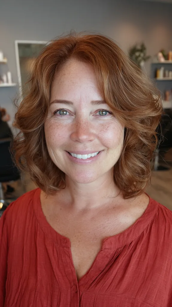 Warm Auburn Curly Bob with Subtle Layers