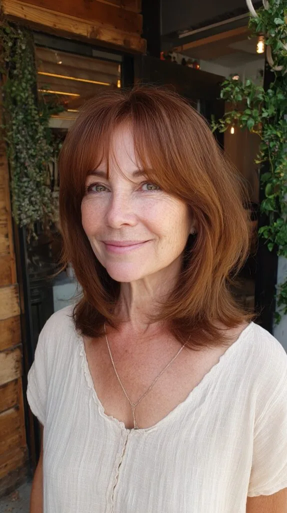 Warm Auburn Lob with Featherlight Curtain Bangs