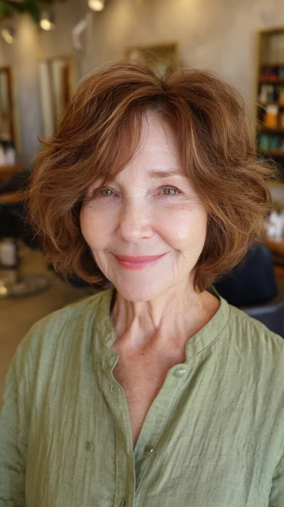 Warm Auburn Textured Bob for Elegant Seniors