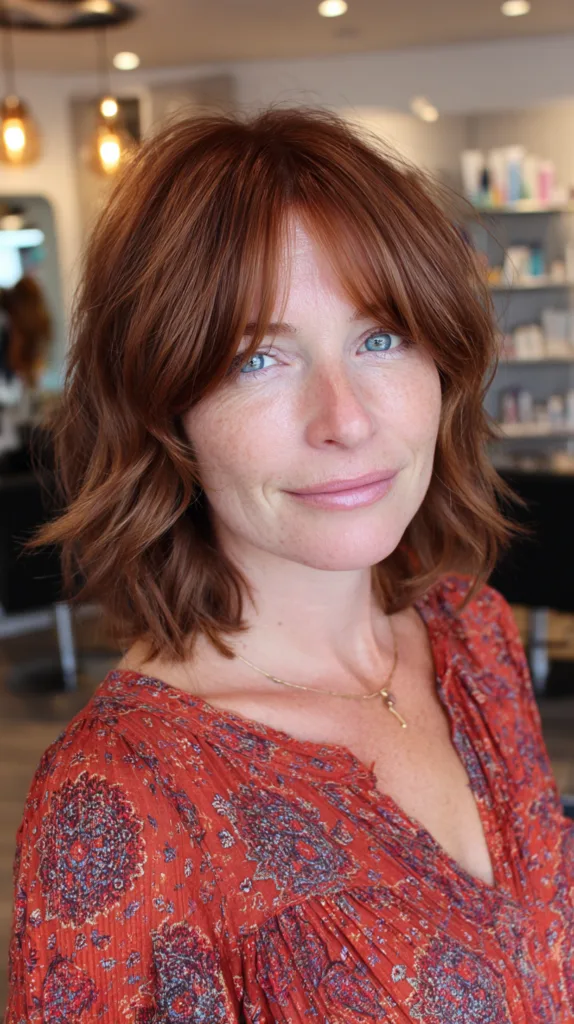 Warm Auburn Textured Lob with Soft Curtain Bangs