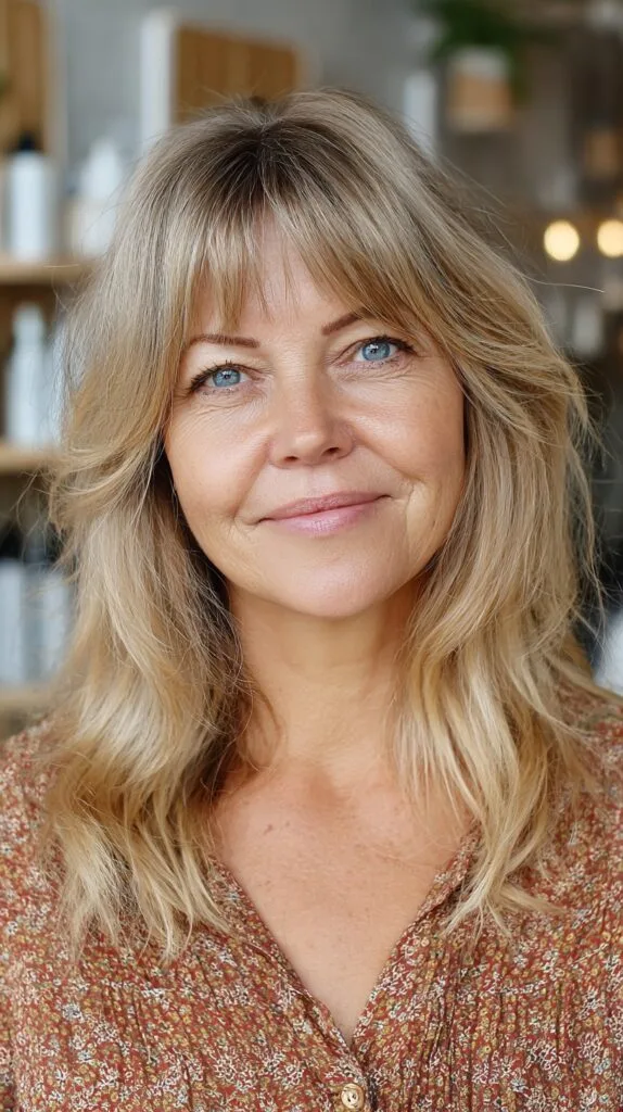 Warm Beige Blonde Lob with Face-Framing Curtain Fringe