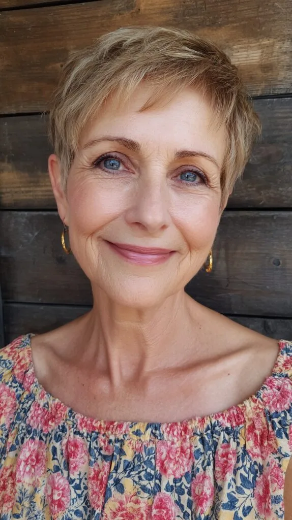 Warm Beige Wispy Pixie with Textured Crown and Tapered Perimeter