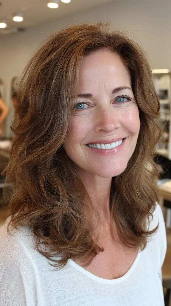 Warm Brown Butterfly Layers with Cheekbone-Framing Sweep and Soft Nape Flick