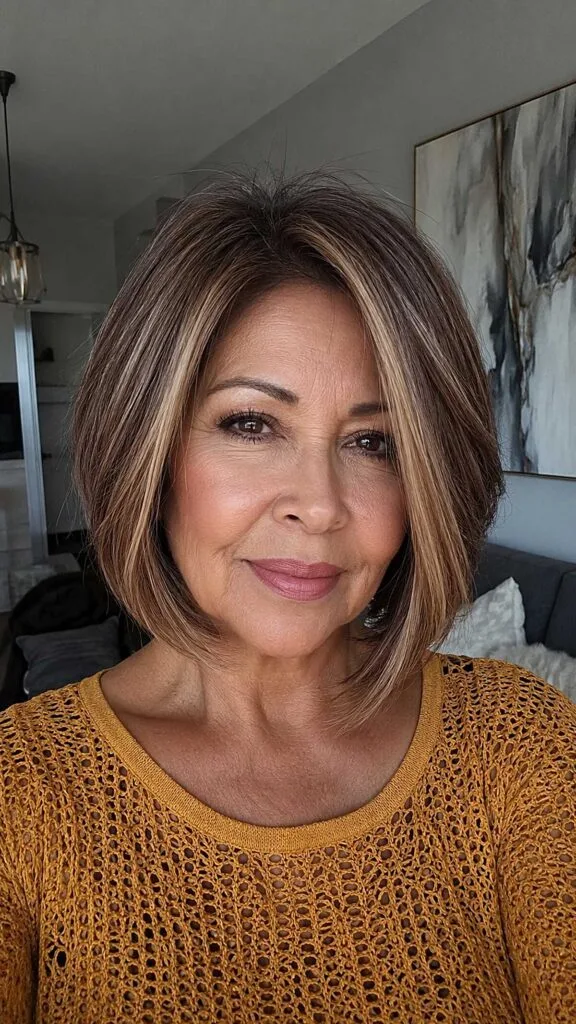 Warm Brunette Bob with Blonde Money Pieces