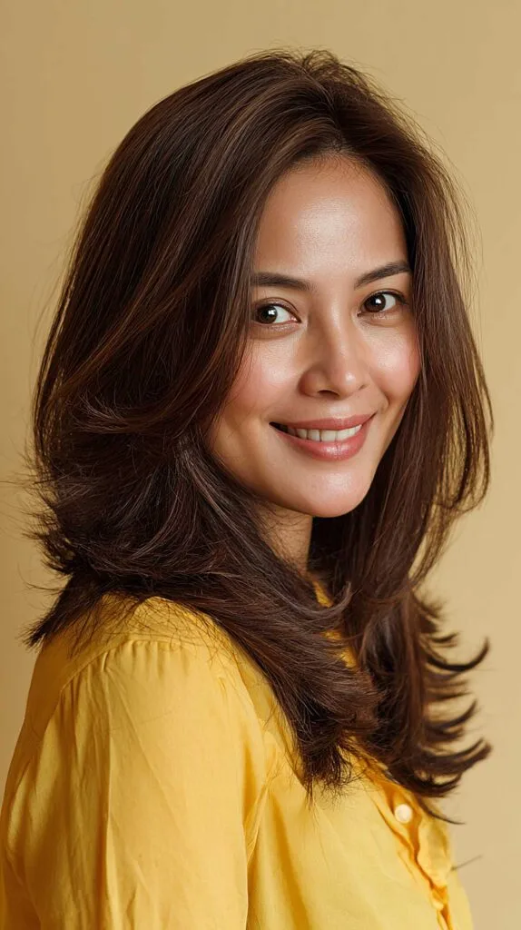 Warm Brunette Butterfly Cut with Feathered Collarbone Layers and Side Movement