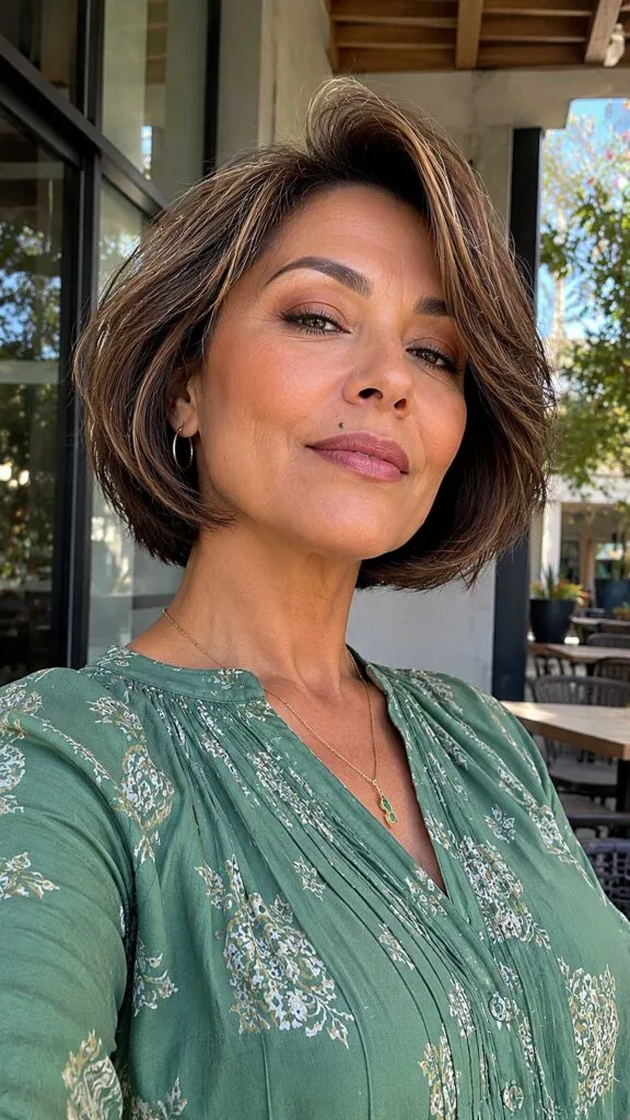 Warm Brunette Flippy Bob with Sun-Kissed Foils