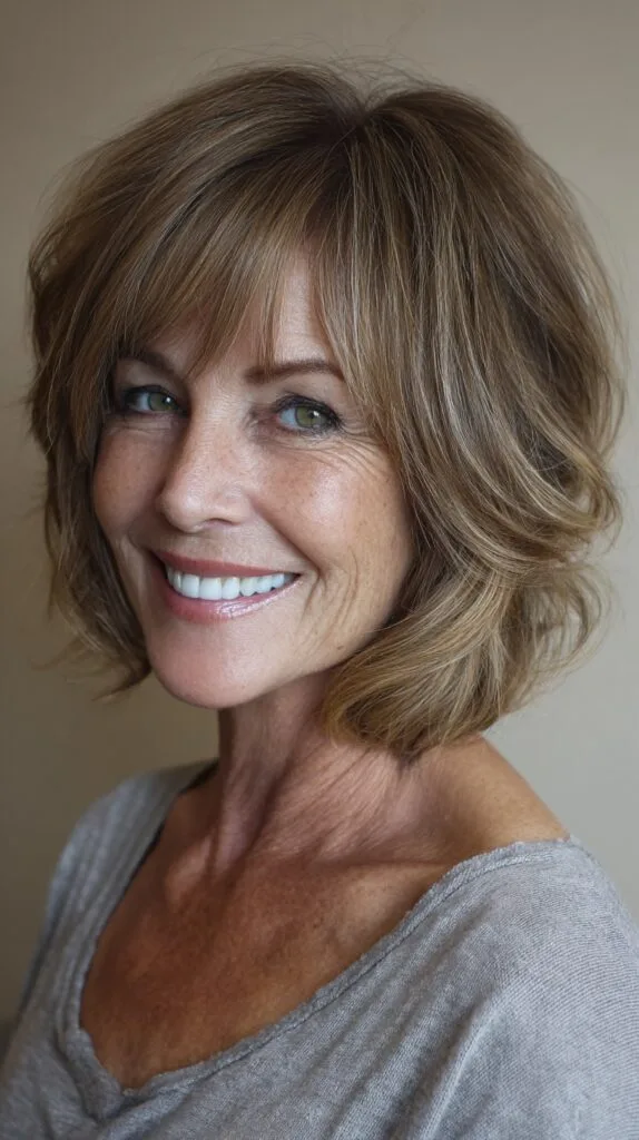 Warm Caramel Textured Bob with Airy Feathered Fringe