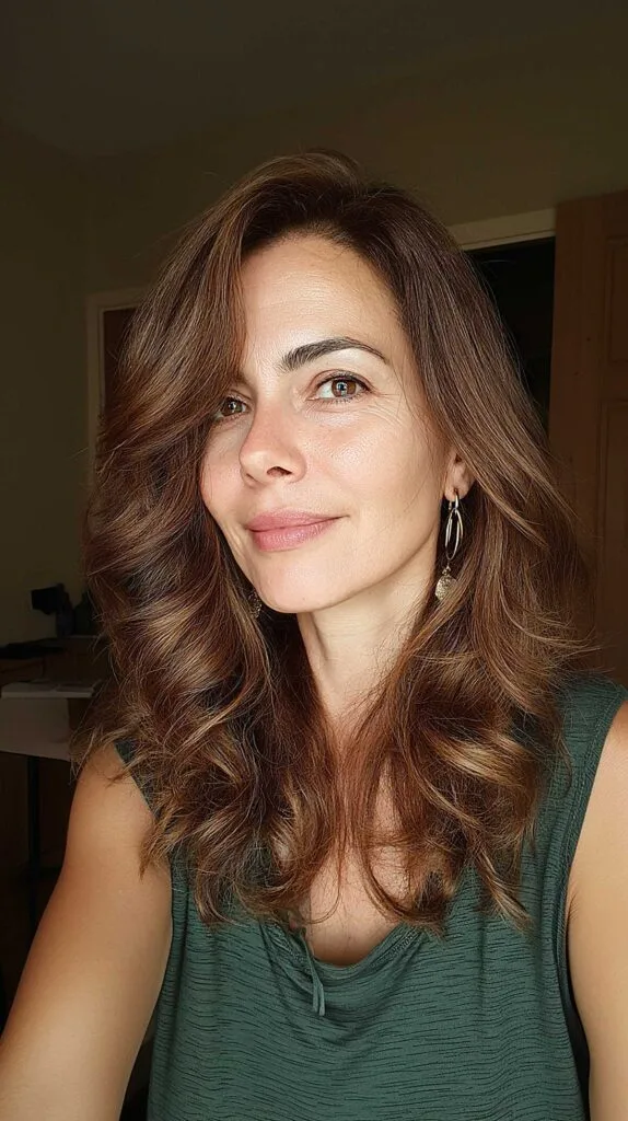 Warm Chestnut Butterfly Cut with Loose Natural Wave and Center Volume
