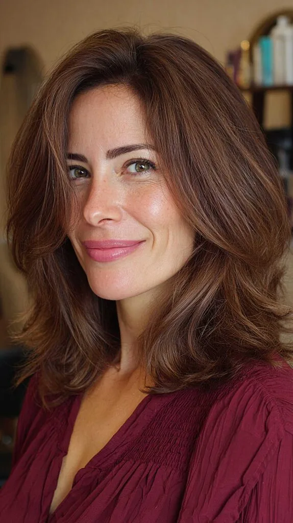 Warm Chestnut Butterfly Cut with Relaxed Collarbone Wave and Deep Side Part
