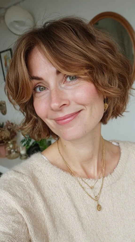 Warm Chestnut Textured Chin-Length Bob with Soft Curtain Fringe