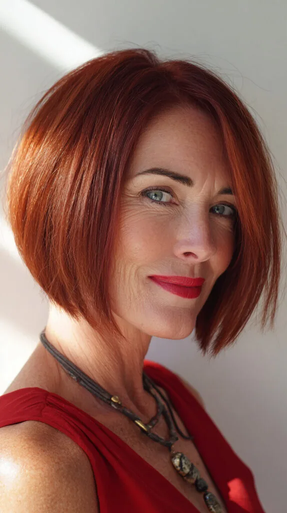 Warm Copper Angled Chin-Length Stacked Bob