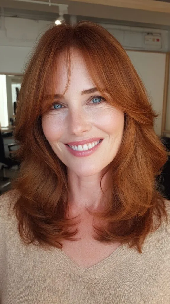 Warm Copper Butterfly Layers with Feathered Face-Framing