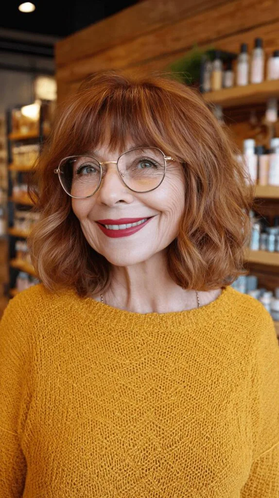 Warm Copper Curly Lob with Soft Bangs