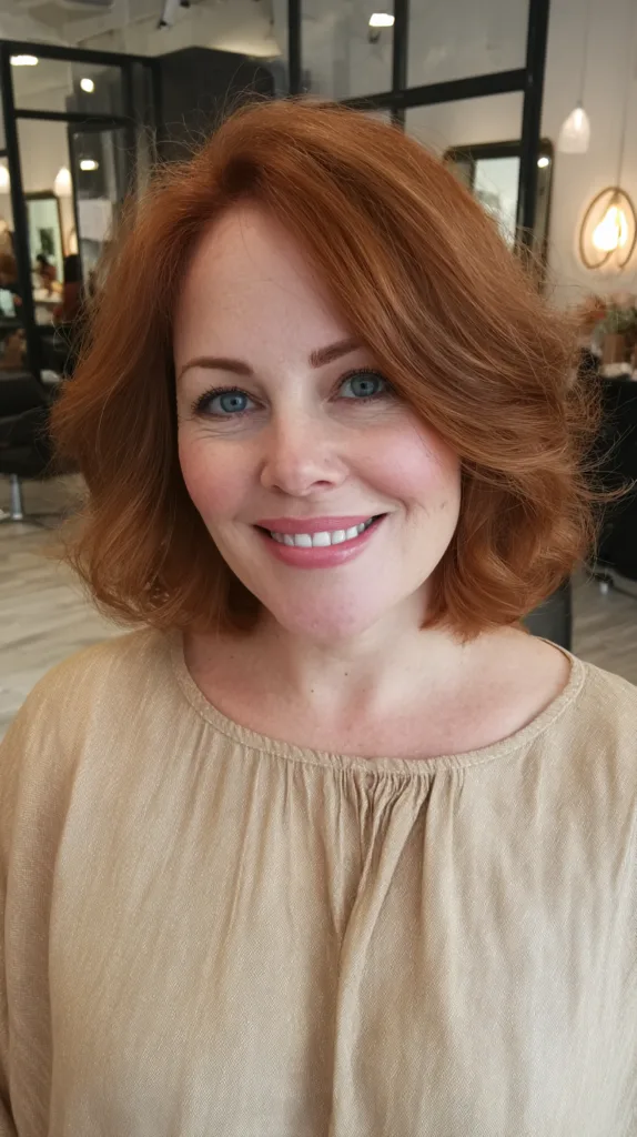 Warm Copper Curly Lob with Subtle Volume