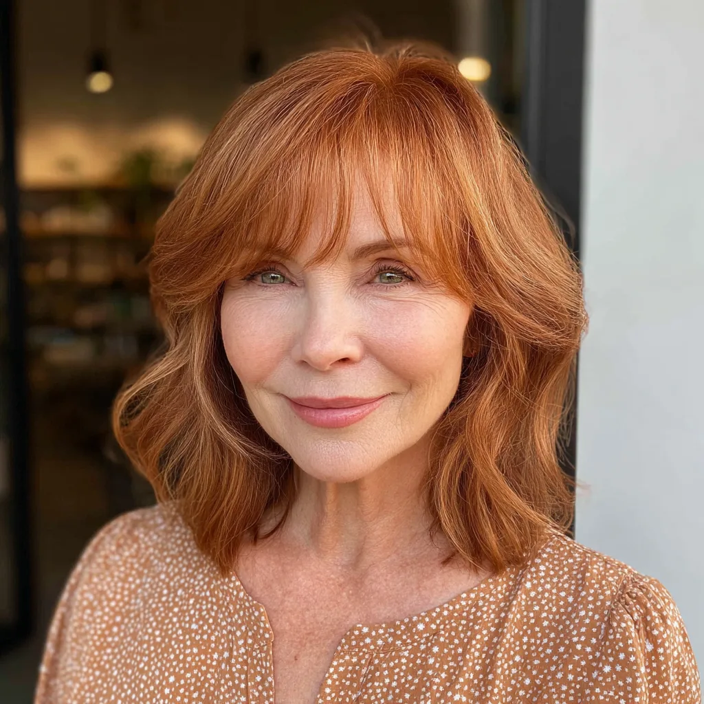 Warm Copper Lob with Soft Bangs