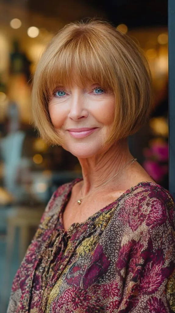 Warm Copper Rounded Bob with Soft Blunt Bangs