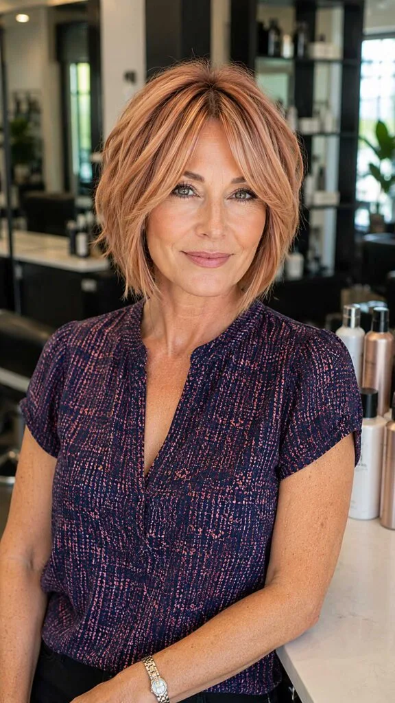 Warm copper shag bob with curtain bangs and flipped ends