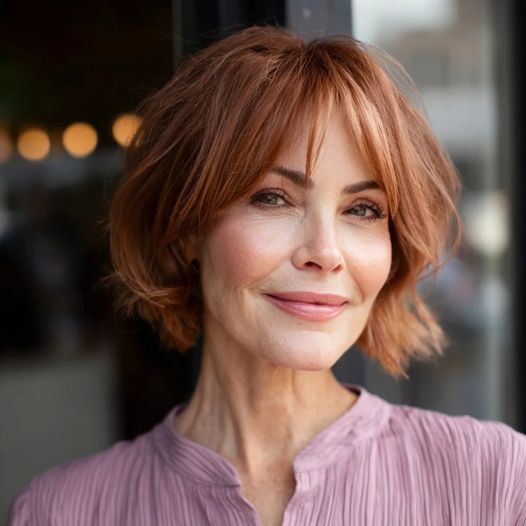 Warm Copper Textured Bob with Wispy Bangs